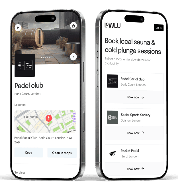 The Lowlu app showing nearby sauna and cold plunge sessions